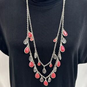 Silver Tone 2 Band Chained Necklace With Red Stones Metal Beads 18”